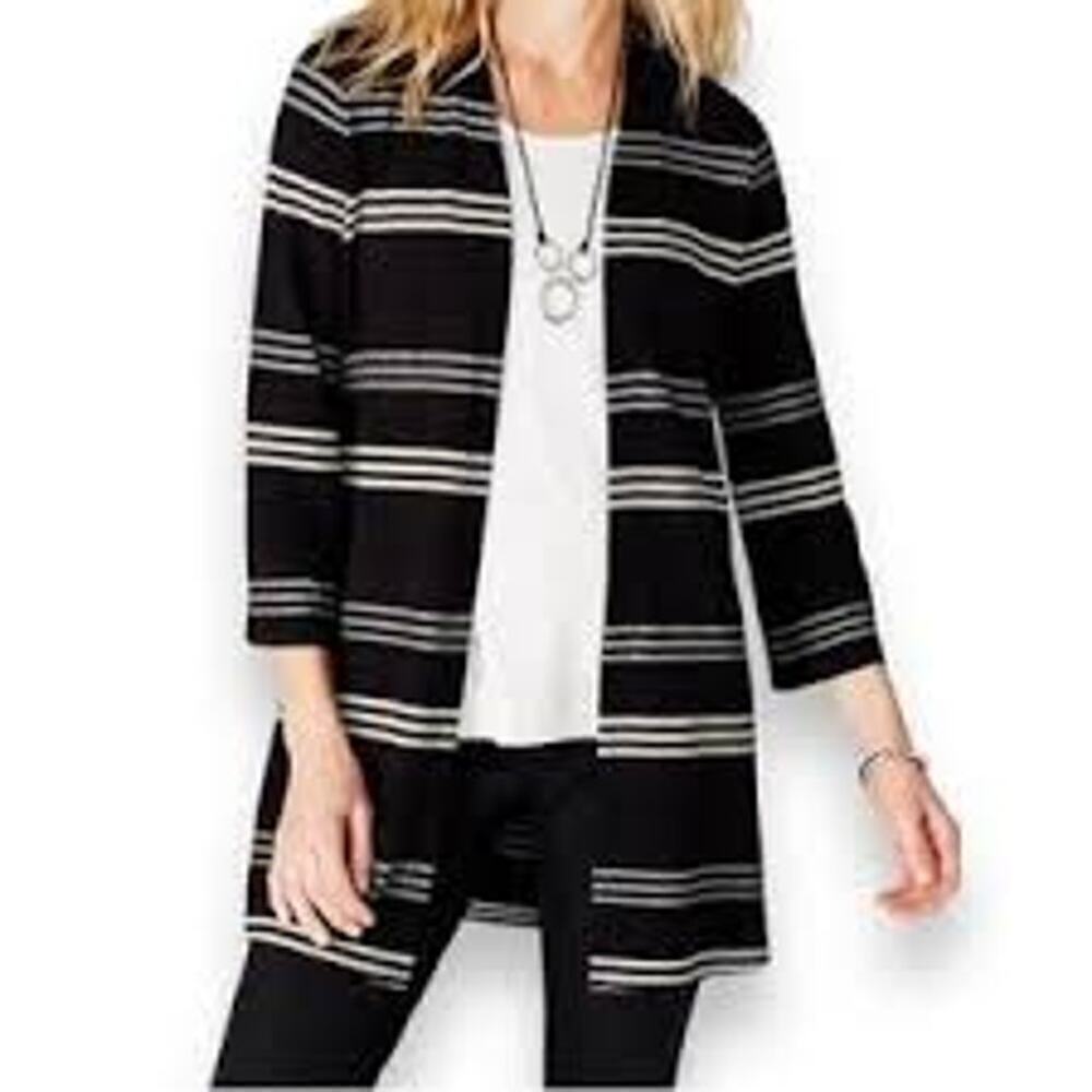 J. Jill Women's Open Front Stripe 3/4 Sleeve Stretch Cardigan Sweater Size PXL